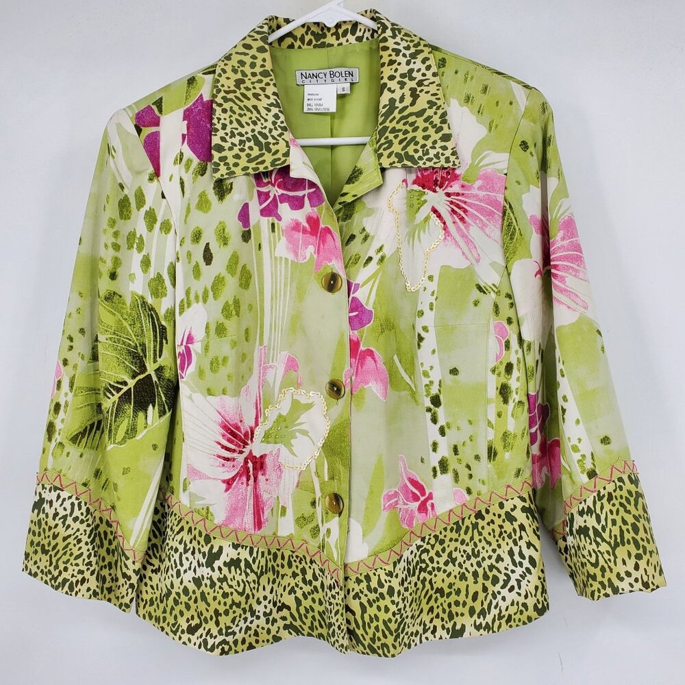 Vintage Nancy Bolen City Girl Silk Spring Floral Sequin Animal Print Blazer Jack